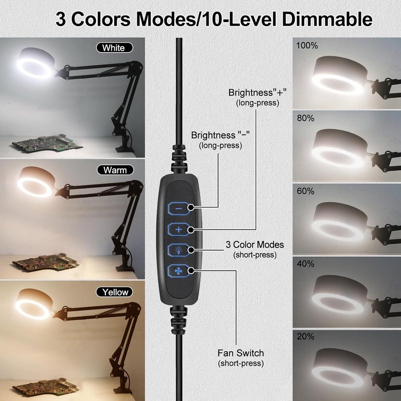 NOEVSBIG Solder Smoke Absorber Desk Lamps Fume Extractor Fan 7pcs Filter Include, 3 Color Modes and 10 Brightness Levels Workbench Light for Soldering, Repair, Reading, Welding or ESD DIY Work Desoldering - Image 4